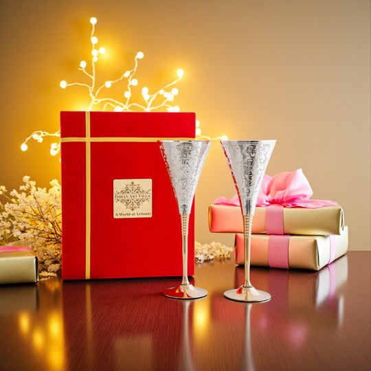 Silver Plated Engraved Goblet / Flute Glass / Wine Glass with Red Box | Set of 2 | 100 ML each