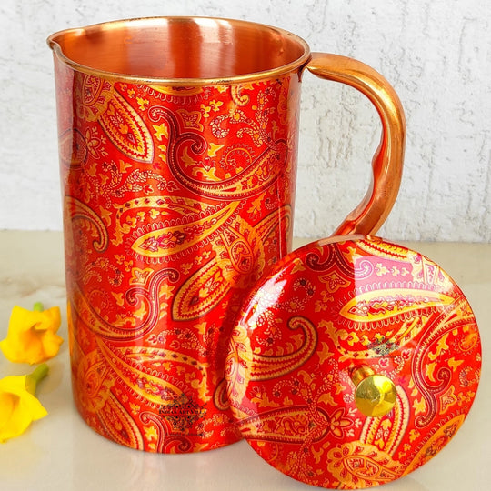 Pure Copper Paisley Printed Design Jug With Brass Knob on Lid