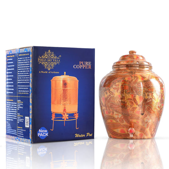 Printed Paisely Design Copper Water Dispenser Pot Matka, Storage, Home Kitchen Garden