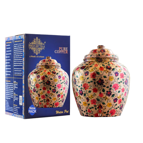 Pure Copper Water Dispenser/Matka In Multi Color Floral Print Design with Brass Tap,13 Ltr.