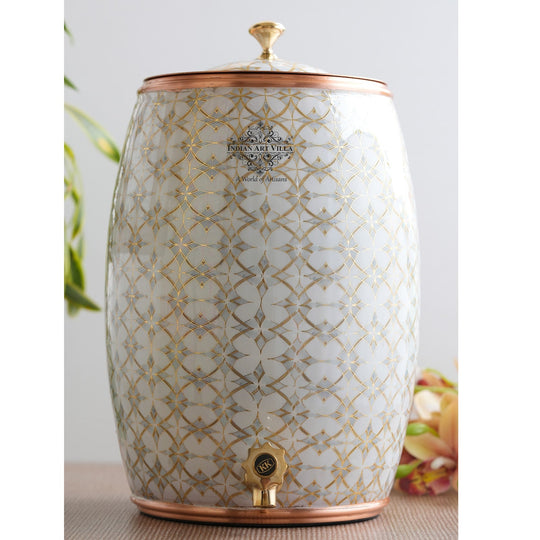 Handcrafted Pure Copper Water Pot with Gold Print Design, Ayurveda Water Vessel, 10 Ltr.
