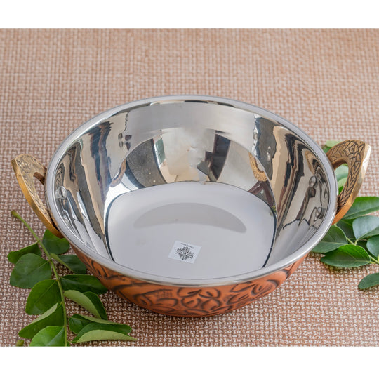 Embossed design steel copper kadhai serveware bowl