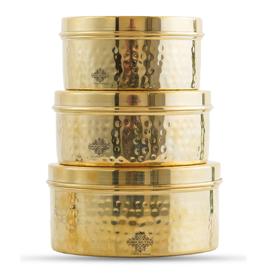 Elegant brass storage box set with embossed lids flawless golden tone and artisan made round form construction