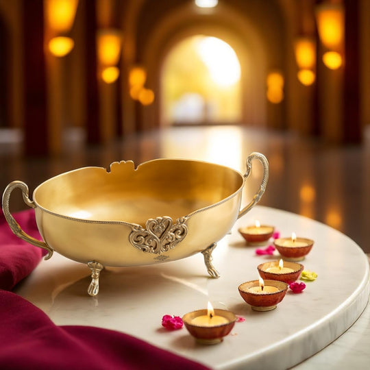 Brass Bowl Embossed Design With Decorative Style Handle