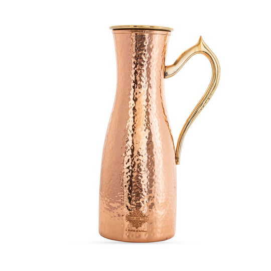 Copper Jug with Hammered Curve Design, Brass Handle & Lid – 1400 ML