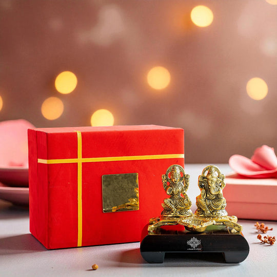 Brass Finish Ganesh Ji With  Laxmi JI Murti with Wooden Base