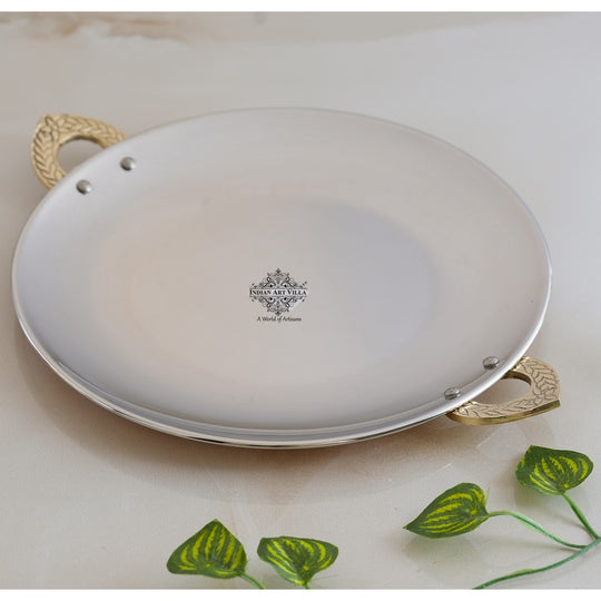 Indian Art Villa offers a premium steel copper platter with polished brass handles for refined dining