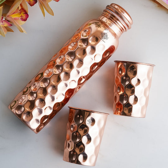 Set of Pure Copper Diamond Hammered Leak Proof Water Bottle & Two Glasses with a Gift Box, Drinkware