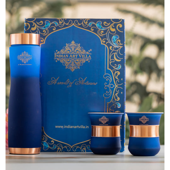Smooth matte finish blue copper bottle set with glasses, a signature artisan work by Indian Art Villa.