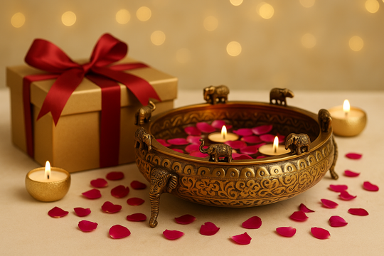 Brass Urli with Elephant Trunk Design -Antique Embossed