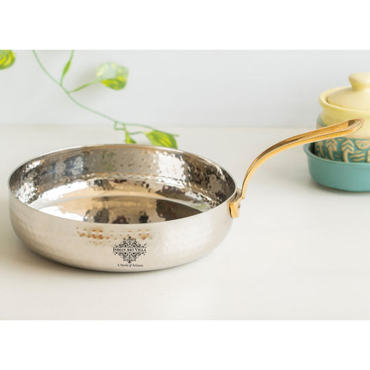 Stainless Steel Hammered Serving Fry Pan with Brass Handle