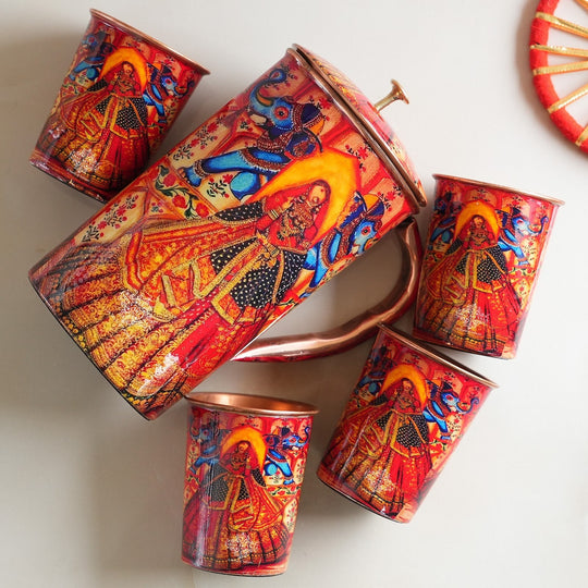 Ayurvedic Copper Jug & 2 Glass Set by Indian Art Villa, featuring Rajasthani Meena 'Padharo Mhare Desh' print, ideal for home decor.