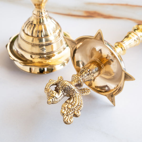 Brass Pillar Diya Set of 2 - Traditional South Indian Temple Oil Lamps