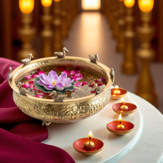 Brass Urli with Embossed Duck & Lotus Flower Design – Traditional Urli