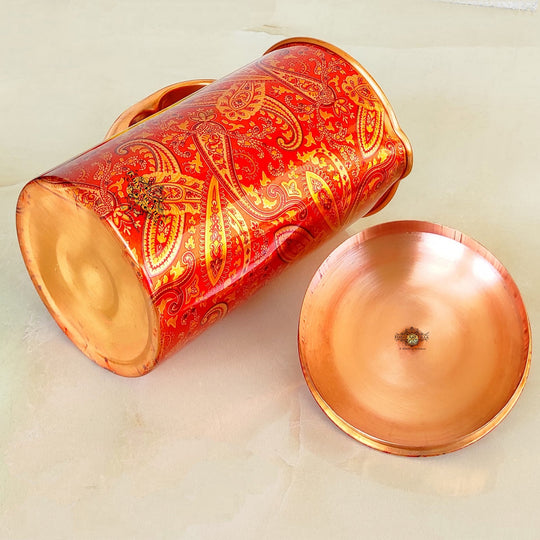 Pure Copper Paisley Printed Design Jug With Brass Knob on Lid
