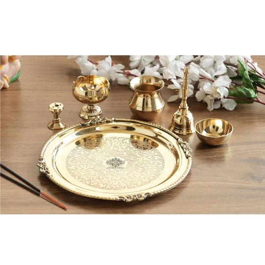 Pure Brass Embossed Puja Thali Set, 6 Pieces Set, 20.32 cm, Poojan Purpose, Spiritual Gift Item