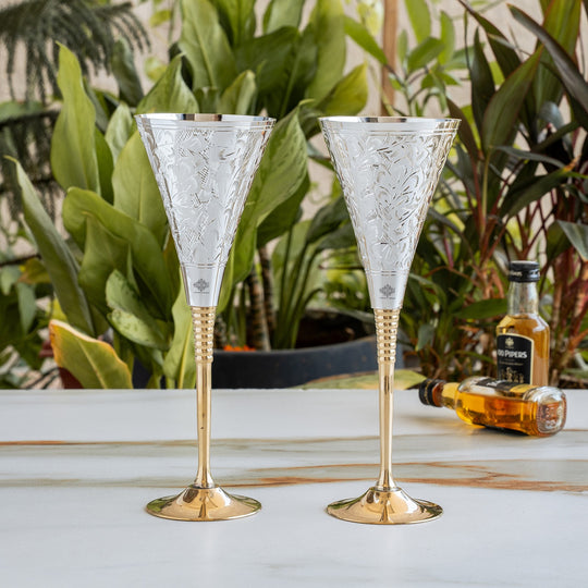 Silver Plated Engraved Goblet / Flute Glass / Wine Glass with Red Box | Set of 2 | 100 ML each
