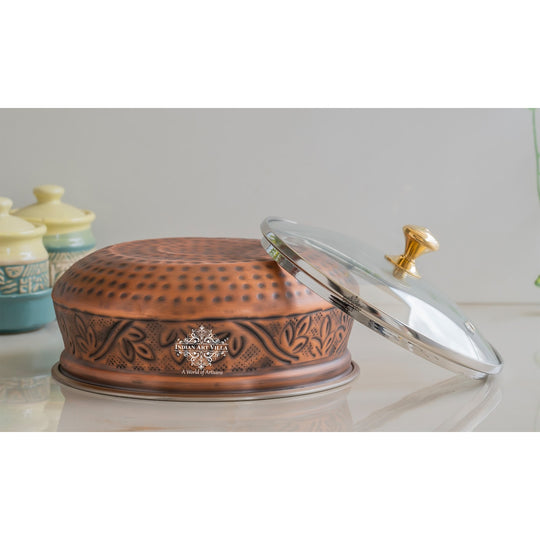 Steel Copper Handi with Antique Finish  and Glass Lid - Perfect for Serveware