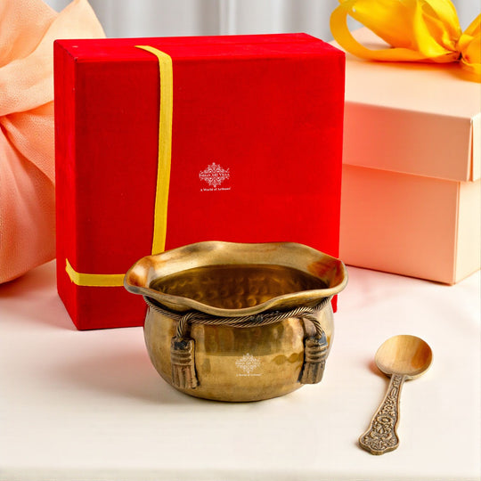Brass Bowl & Spoon Set With Velvet Box - Hammered Design