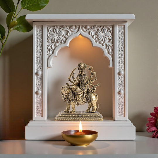 Pure Brass Durga Maa Sitting on Lion with Divine Weapons