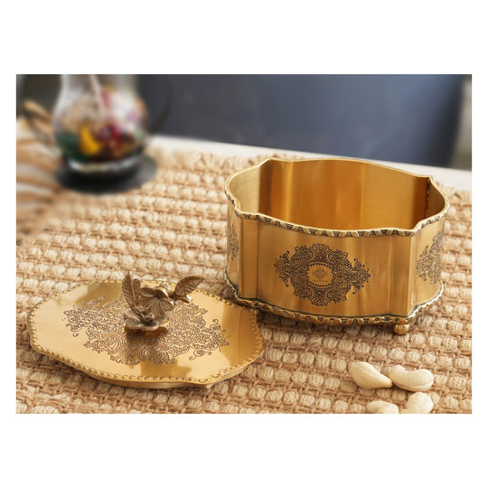 Royal Brass Dry Fruit Box with Floral Lid – Handcrafted Elegance |  Brass Decorative Box