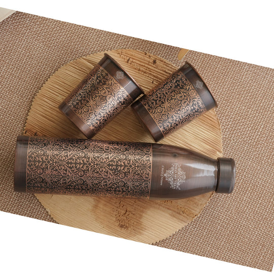 Pure Copper Antique Finished Embossed Design Bottle With Glass Set