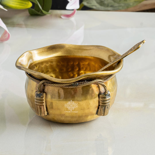 Brass Bowl & Spoon Set With Velvet Box - Hammered Design