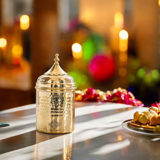 Brass Hammered Storage Container with Lid – 500 ML, Gold Finish Traditional Brass Jar, Dry Fruit, Sugar Storage Jar & Decorative Brass Box for Kitchen, Dining & Gifting