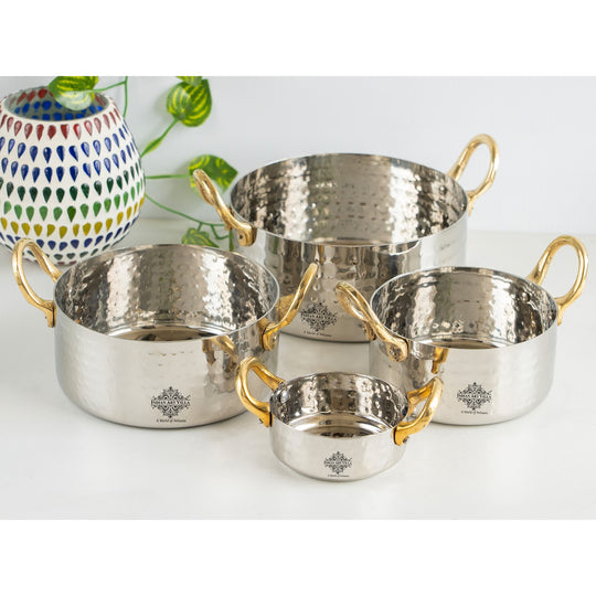 Stainless Steel Serving Bowl with Brass Handles, Hammered Design, Ideal Small Serving Bowl for Curry, Dal and Sides – Elegant Tableware for Home &amp; Restaurant Use