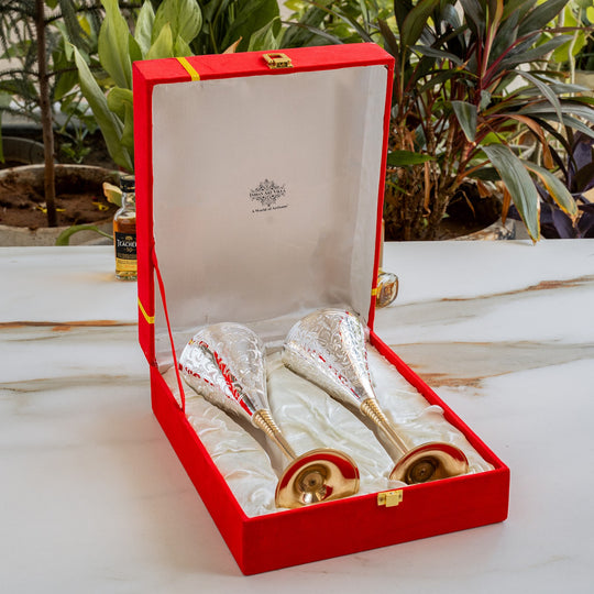 Silver Plated Engraved Goblet / Flute Glass / Wine Glass with Red Box | Set of 2 | 100 ML each