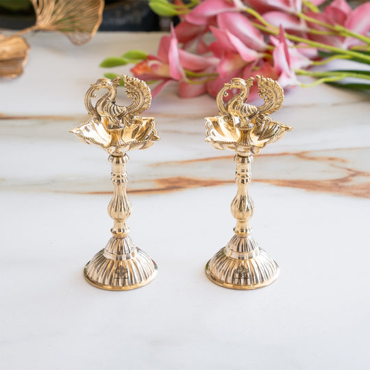 Brass Pillar Diya Set of 2 - Standing Oil Lamps