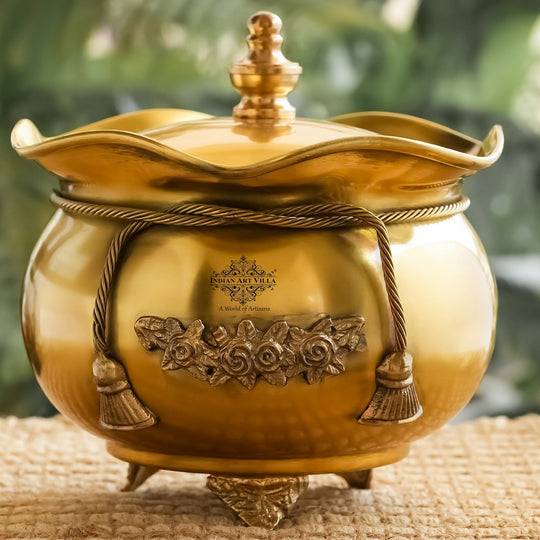 Decorative brass handi with lid floral accents and rope detail crafted by Indian Art Villa ideal for luxury tableware