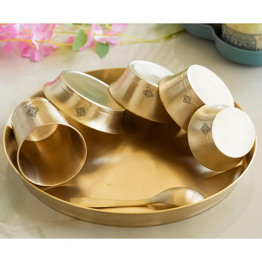 Pure Brass Matt Finish & Hammered 7 Pieces Dinner Set / Thali Set | DinnerWare |