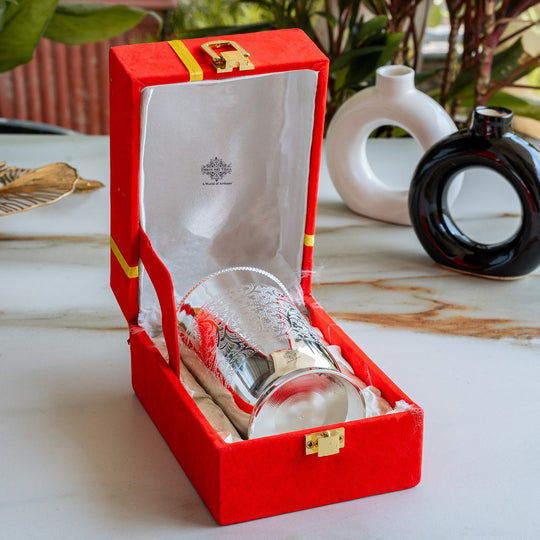 Embossed Design Silver Plated Glass With Red Box , Best For Parties , 250 ML