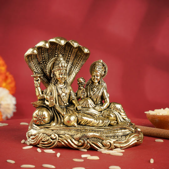 Pure Brass Lord Vishnu Lakshmi Idol with Sheshnaag - 7 CM