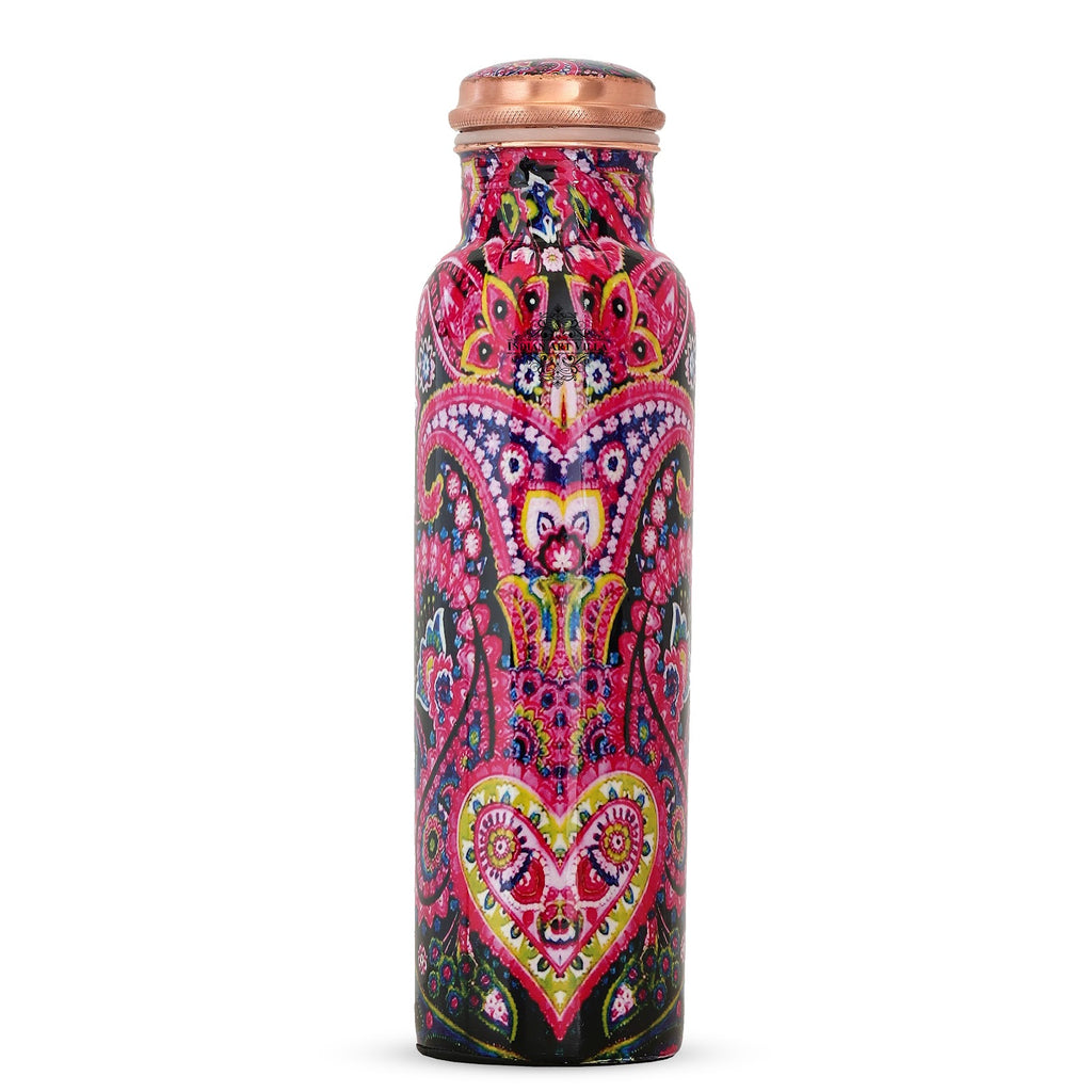 IndianArtVilla Copper Multicolored Bottle in Pink Floral Print, Volume - 1000 ML