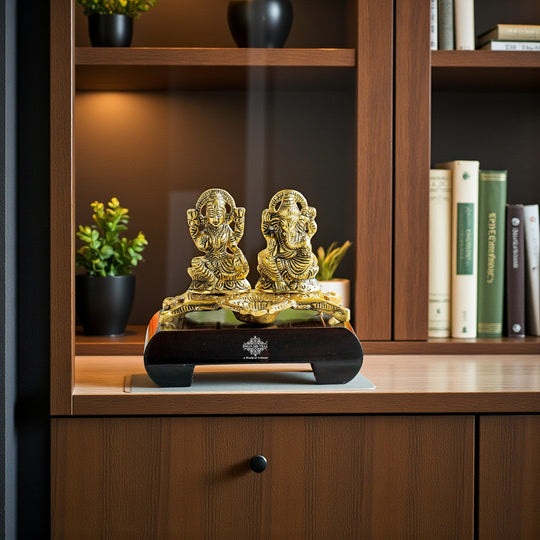 Brass Finish Ganesh Ji With  Laxmi JI Murti with Wooden Base