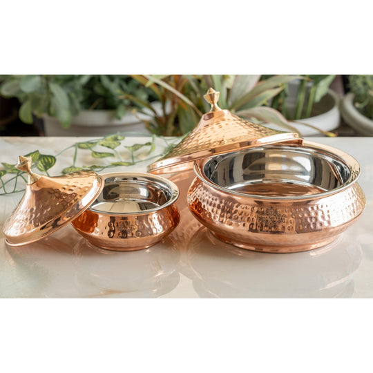 Indian Art Villa steel copper Mughlai handi with hammered artistry copper lid and brass knob offering true grace