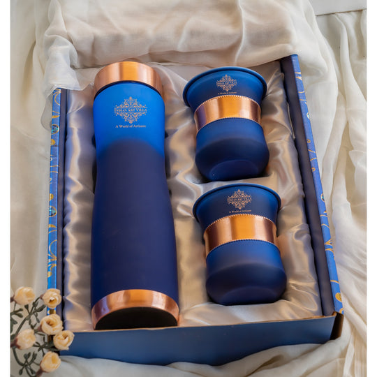 Handcrafted blue tambe ki bottle with glass set, smooth matte finish for daily use