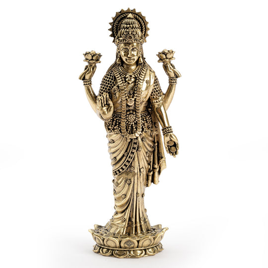 Pure Brass Laxmi JI Standing Murti With Lotus Flower