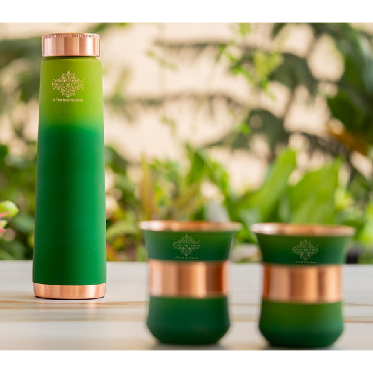 Green pyramid copper bottle and glasses set with lacquered ombre finish, handcrafted by Indian Art Villa artisans.