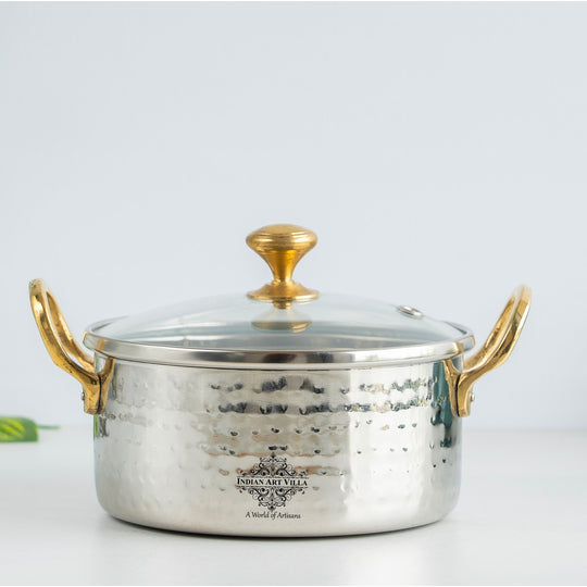 Stainless Steel Serving Bowl with Brass Handles and Glass Lid, Hammered Designs – Elegant Tableware for Home & Restaurant Use