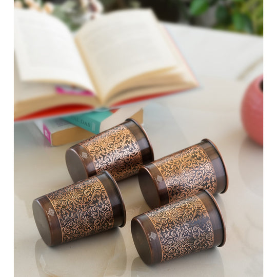 Pure Copper Glass With Handcrafted Embossed Design 275 ML