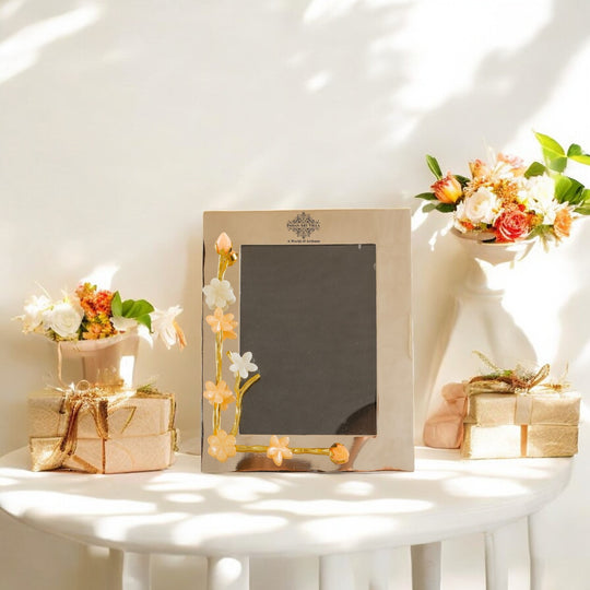 Silver Plated Photo Frame, Lotus Bird Flowers Design, 9.5x7.5 Inches Frame for 7x5 Photo Size, Ideal for Home Décor