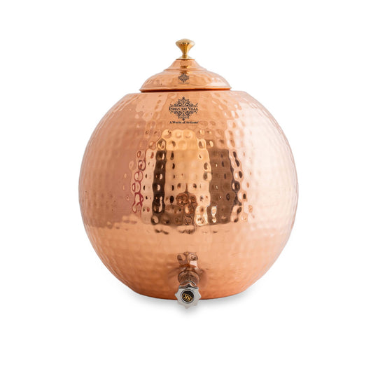 Pure Copper Hammered Matka with Lid, Brass Tap & Knob  12Ltr