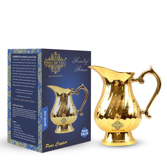 handcrafted brass water jug pitcher with classic lining design and curved handle for serveware by indian art villa