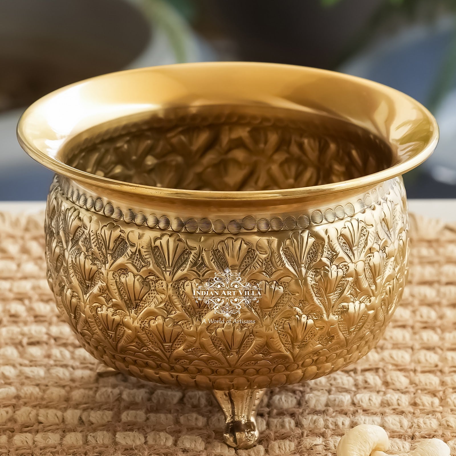 Pure Brass Handcrafted Dry Fruits Bowl with Legs And Embossed