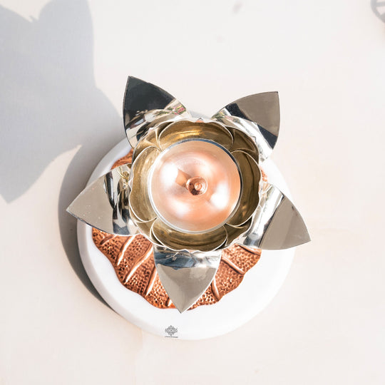 Silver-Plated Lotus Design Decorative Oil Lamp – Elegant Diya/Oil Lamp for Home, festival, Wedding Decoration