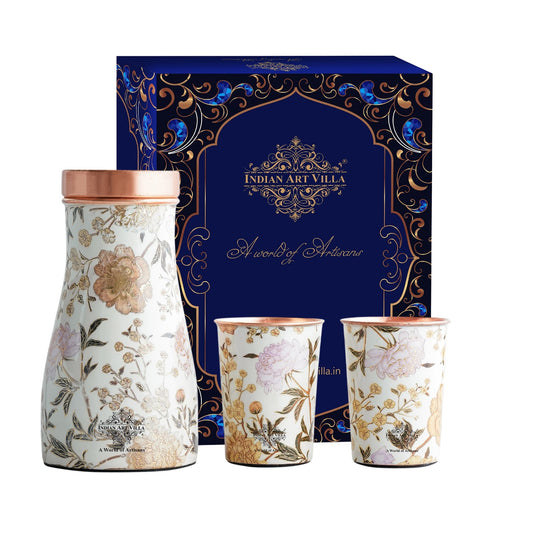 Golden floral design copper bottle and tumbler set by Indian Art Villa, ideal for festive décor and premium gifts.
