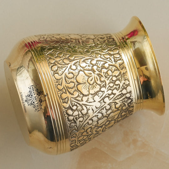 Pure brass glass Parsi Lota embossed design spiritual angle view — Indian Art Villa